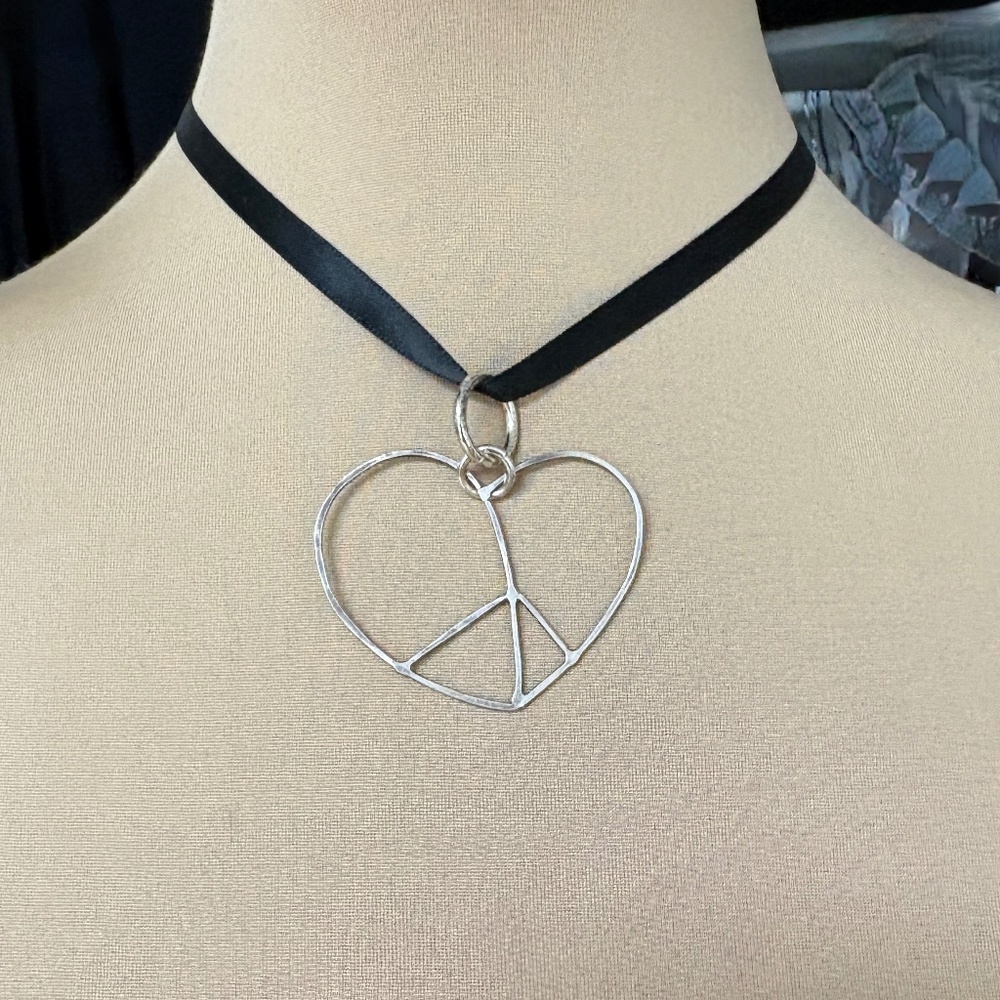 peace love necklace pendant handmade silver wire heart sign vintage satin cord